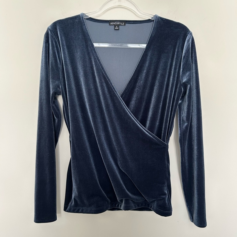J. Crew Mercantile Wrap Top Blue Small Velvet Long Sleeve V-Neck H0282-2